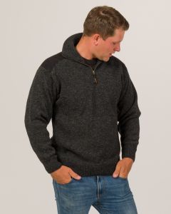 Pure Wool Norwester  Sweater with Suede Patches Coal-L