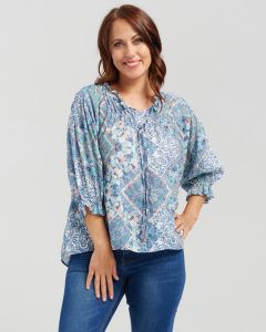 Seduce Linen Tile Print Blouse