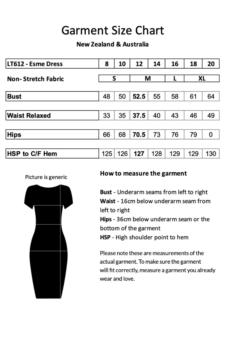 Esme Dress Garment Measurements