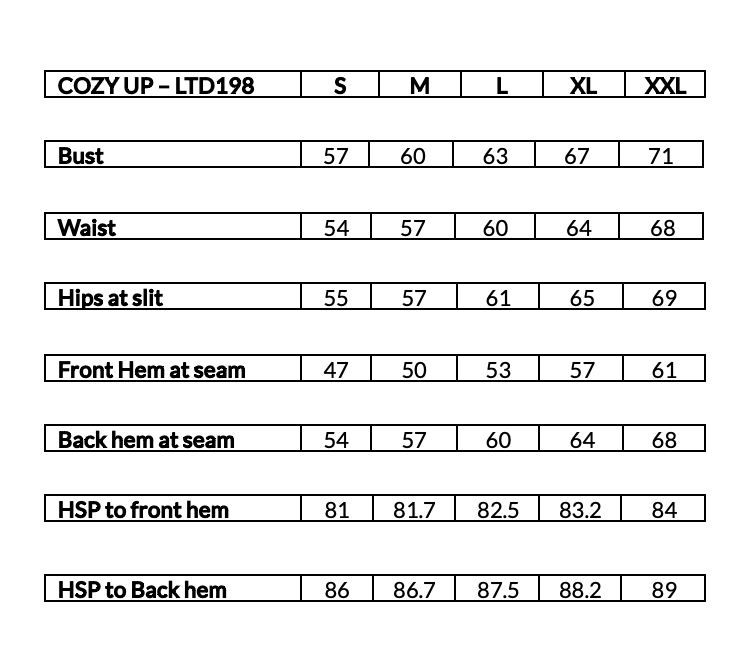 Cosy Up Size Chart