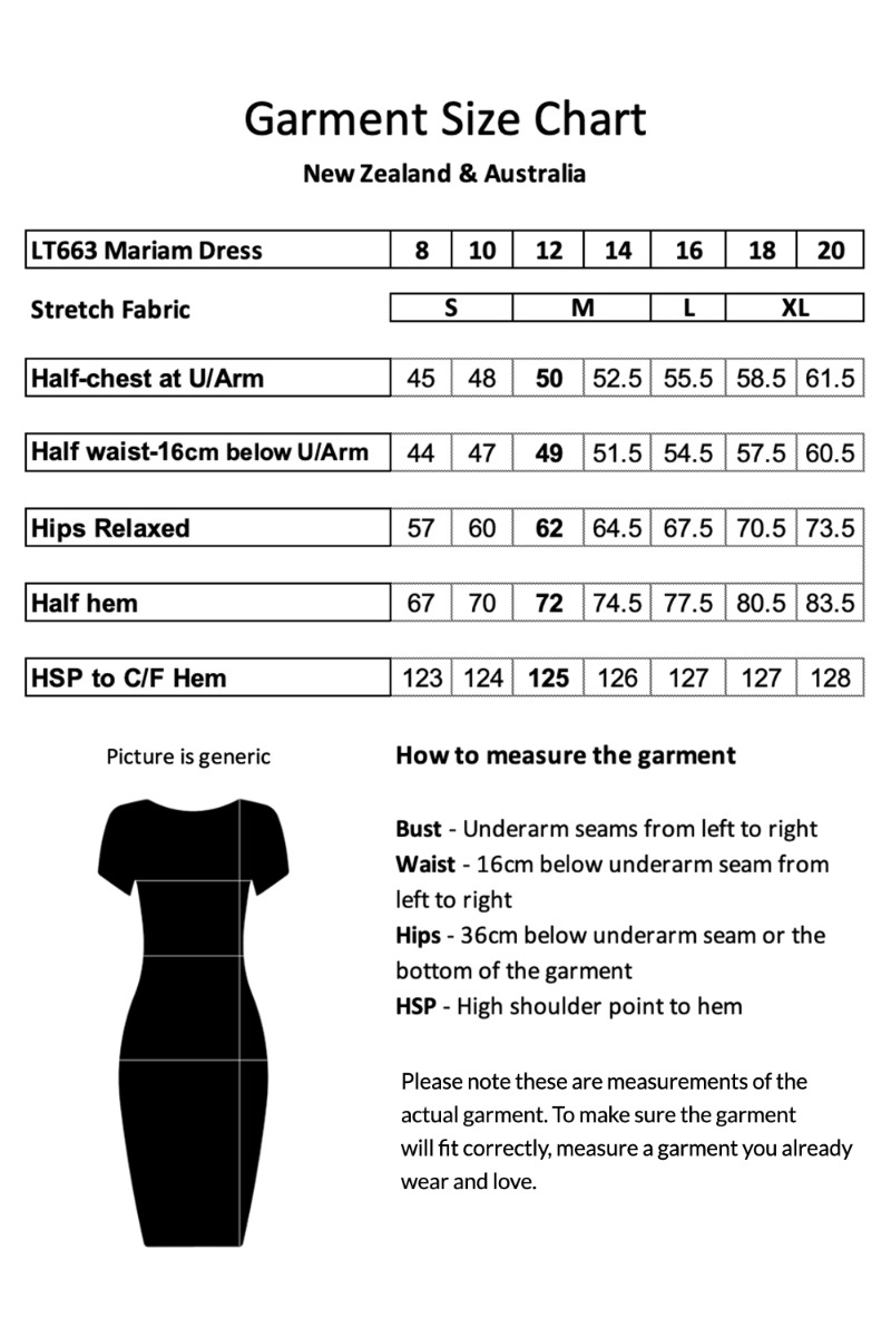 Mariam Dress Garment Measurements